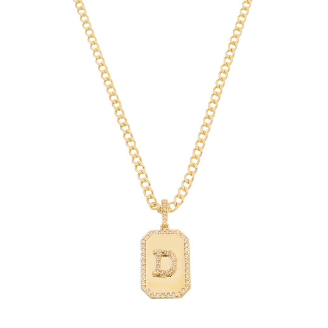 Colar Placa Vintage Letra Inicial a Zircônias Folheado a Ouro 18k