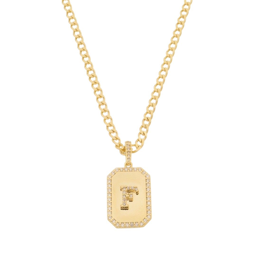 Colar Placa Vintage Letra Inicial a Zircônias Folheado a Ouro 18k