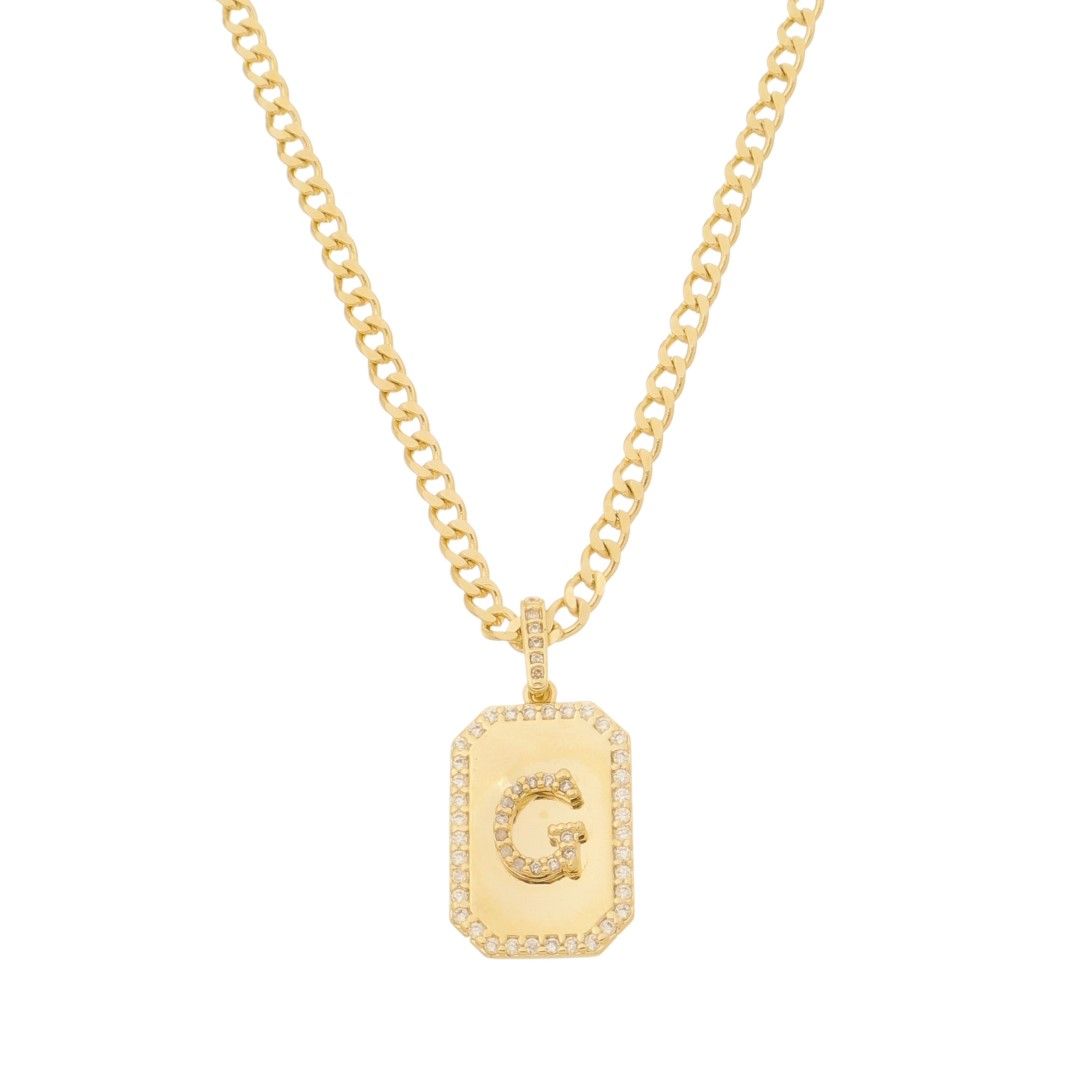 Colar Placa Vintage Letra Inicial a Zircônias Folheado a Ouro 18k