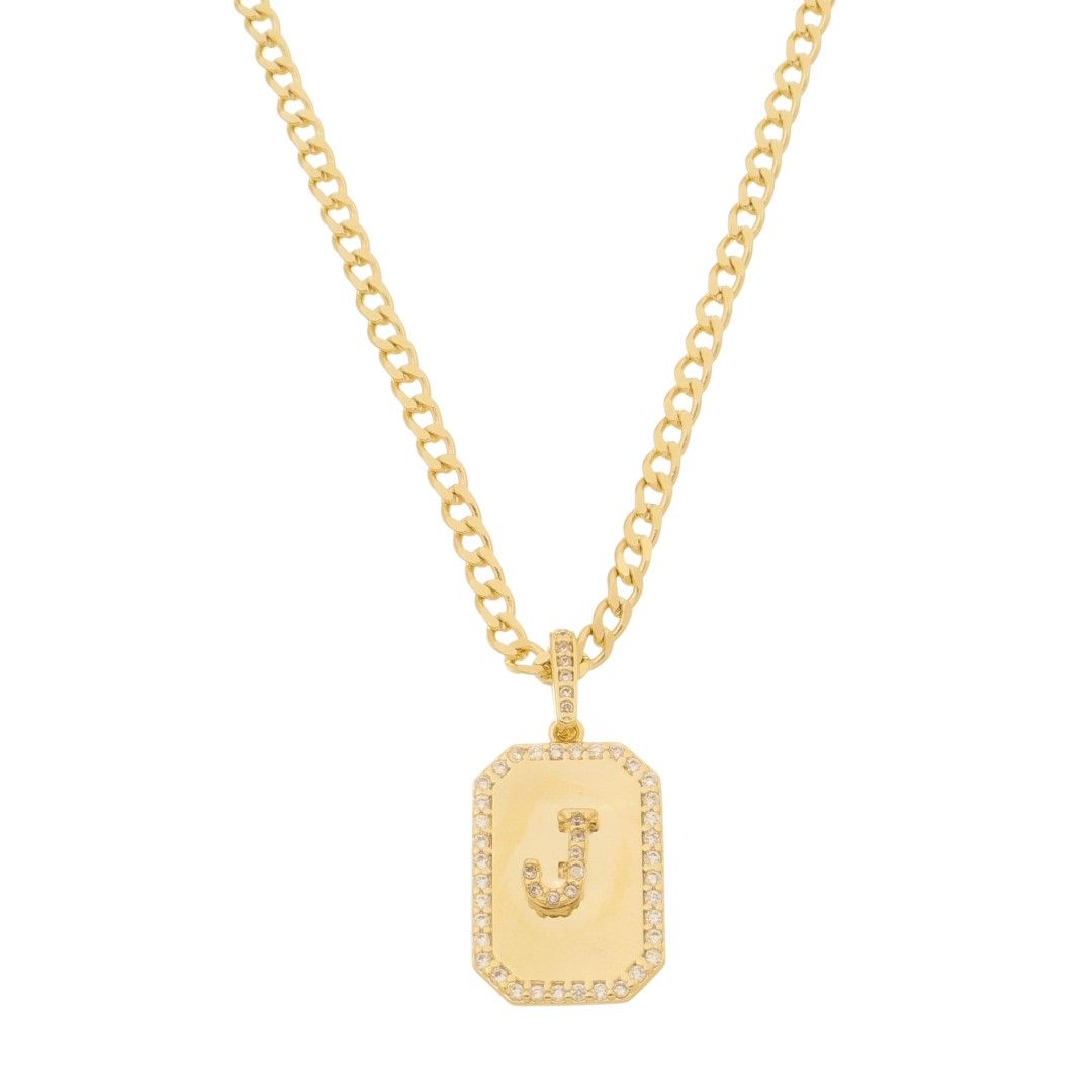 Colar Placa Vintage Letra Inicial a Zircônias Folheado a Ouro 18k