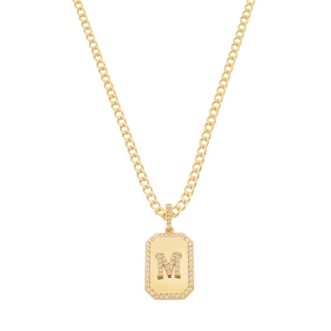 Colar Placa Vintage Letra Inicial a Zircônias Folheado a Ouro 18k