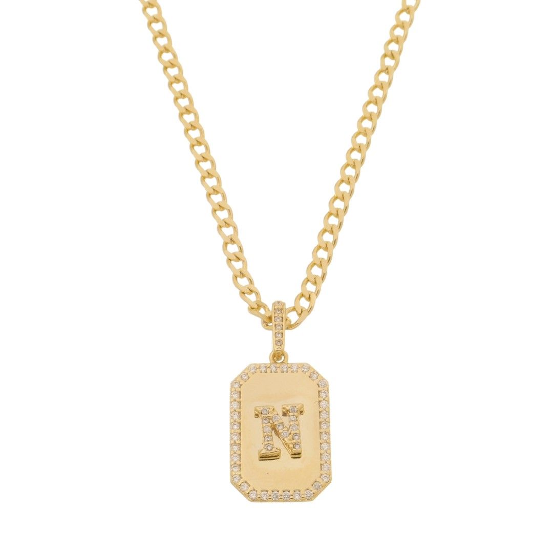 Colar Placa Vintage Letra Inicial a Zircônias Folheado a Ouro 18k