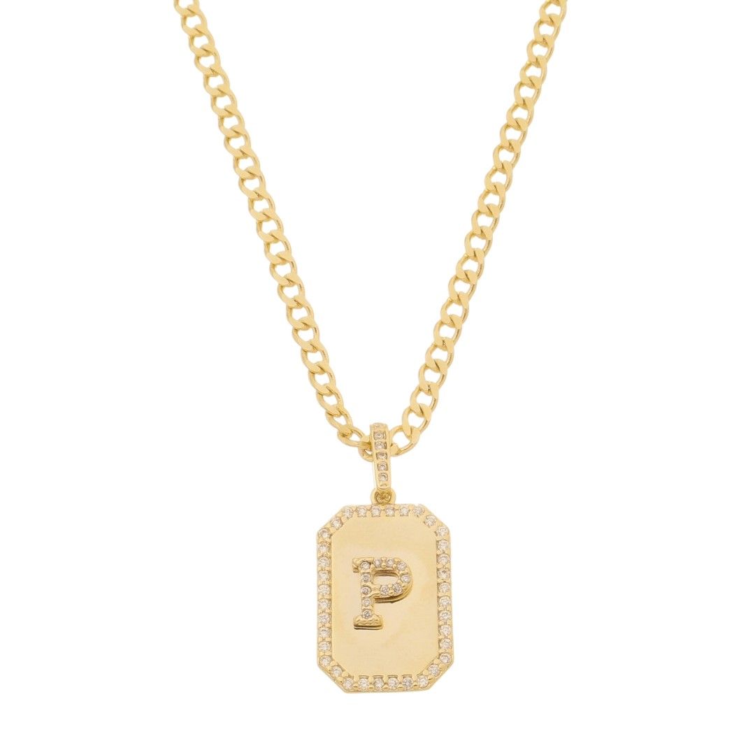 Colar Placa Vintage Letra Inicial a Zircônias Folheado a Ouro 18k
