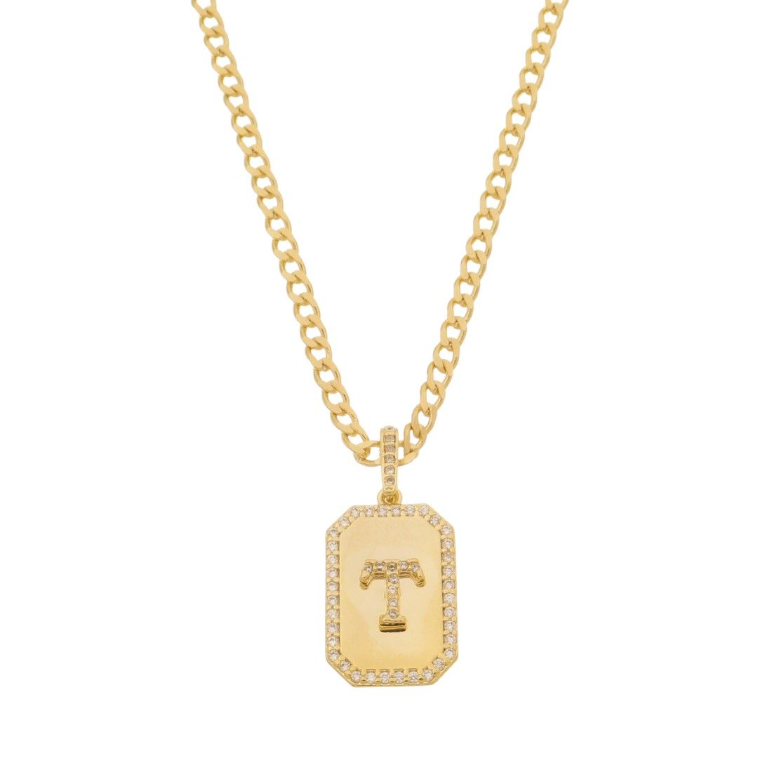 Colar Placa Vintage Letra Inicial a Zircônias Folheado a Ouro 18k