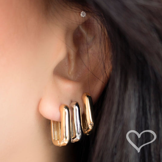 Brinco Helena Lisa M Retangular Folheado em Ródio Branco