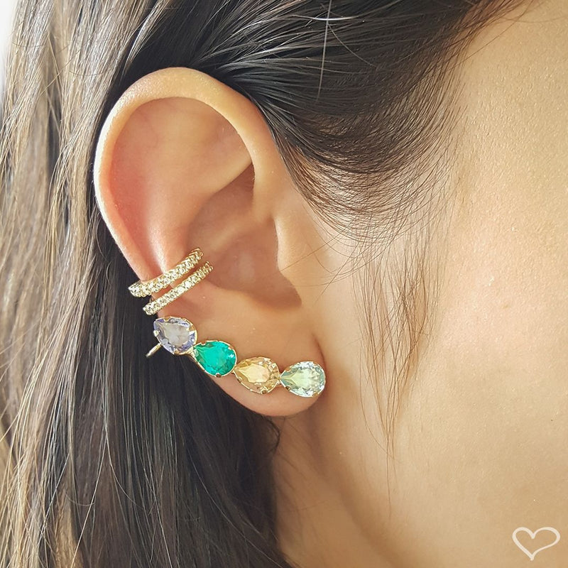 Brinco Ear Cuff Callie Gotas Zircônias Coloridas Folheado em Ródio Branco