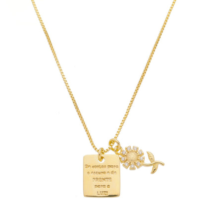 Colar Placa Girassol que Eu Seja Todo Dia Como um Girassol de Costas para o Escuro e de Frente para Luz Zircônias Folheado a Ouro 18k