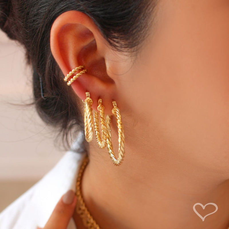 Trio de Brincos de Argola Tubo Torcido Giovana Folheado a Ouro 18k