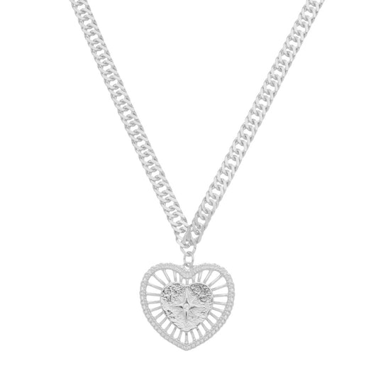 Colar de Coração Vintage Estrela Alpha Folheado em Ródio Branco