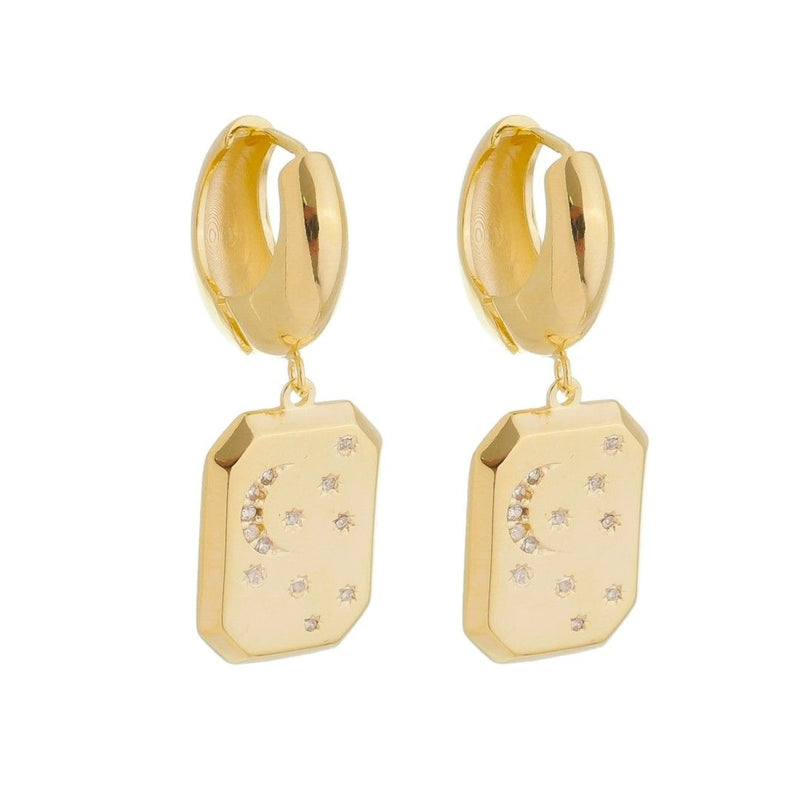 Brinco de Argolinha Centauri Placa Lua e Estrela Zircônias Folheado a Ouro 18k