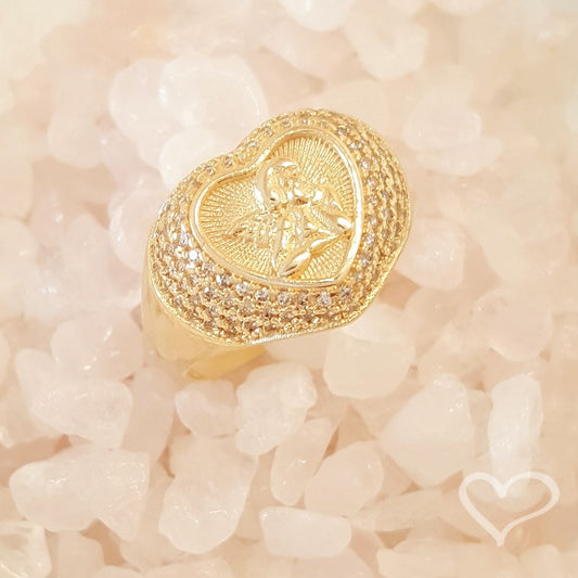 Anel Vintage Coração Anjo da Guarda Zircônias Folheado a Ouro 18k Piuka