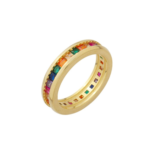 Anel Tiane Zircônias Baguetes Coloridas Folheado a Ouro 18k