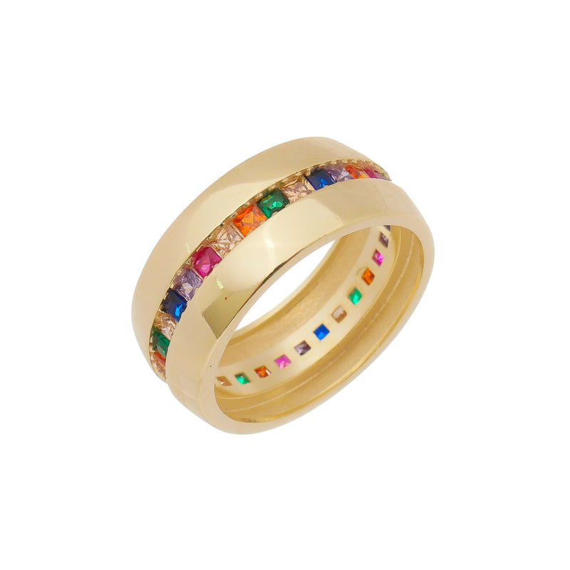 Anel Sara Zircônias Baguetes Coloridas Folheado a Ouro 18k