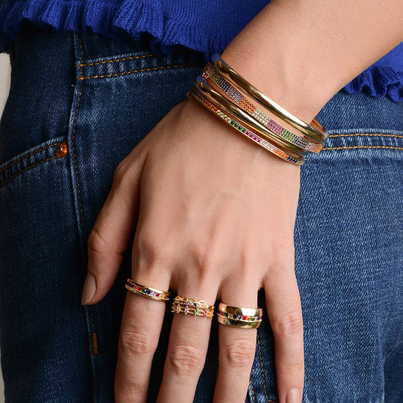 Anel Sara Zircônias Baguetes Coloridas Folheado a Ouro 18k