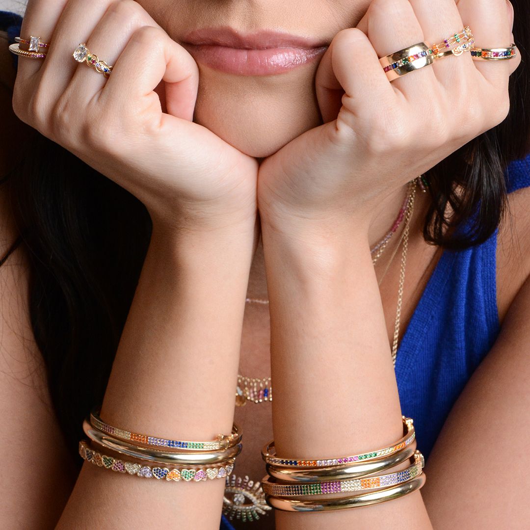 Anel Sara Zircônias Baguetes Coloridas Folheado a Ouro 18k