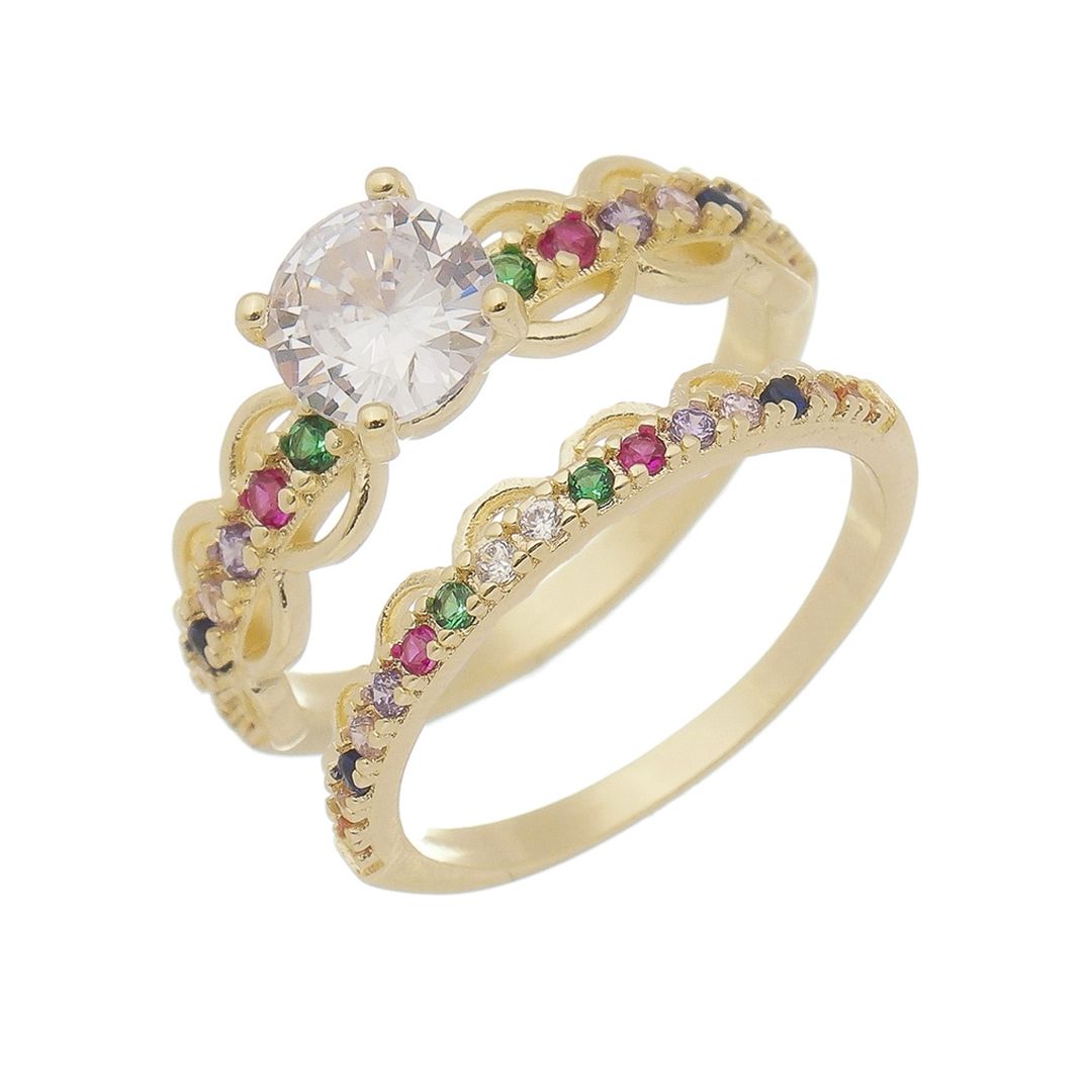 Anel Duplo Valentina Solitário Zircônias Folheado a Ouro 18k