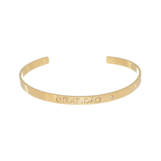 Bracelete Liso Bia Gratidão Folhedo a Ouro 18k