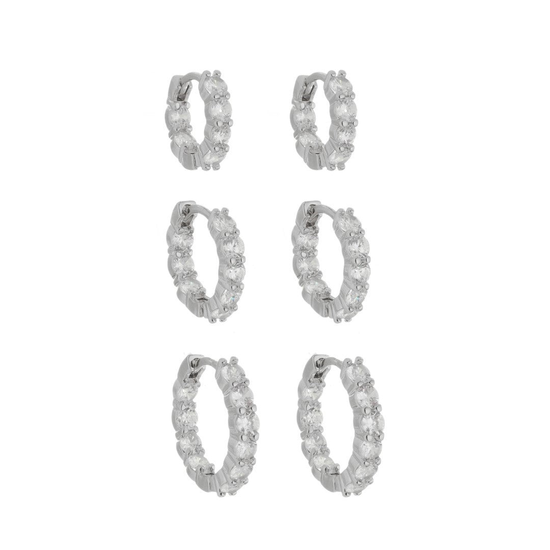 Trio de Brincos Argolinha Milly Zircônias Folheado em Ródio Branco