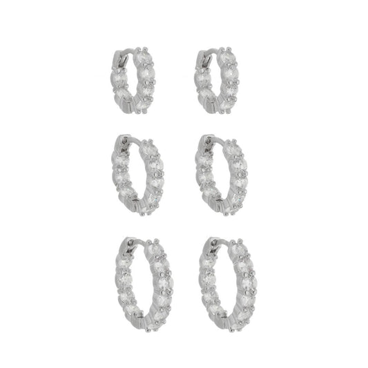 Trio de Brincos Argolinha Milly Zircônias Folheado em Ródio Branco