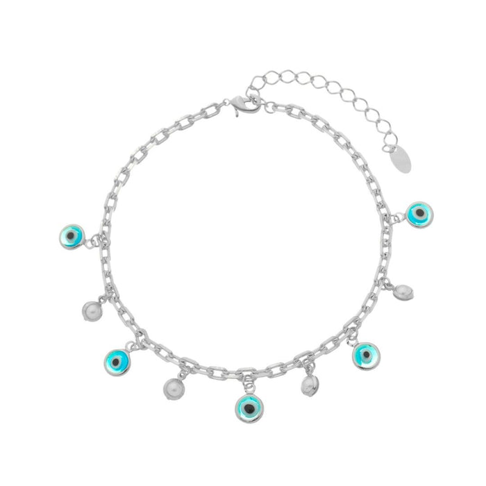 Tornozeleira Kássia Olho Grego Pérolas Folheada em Ródio Branco