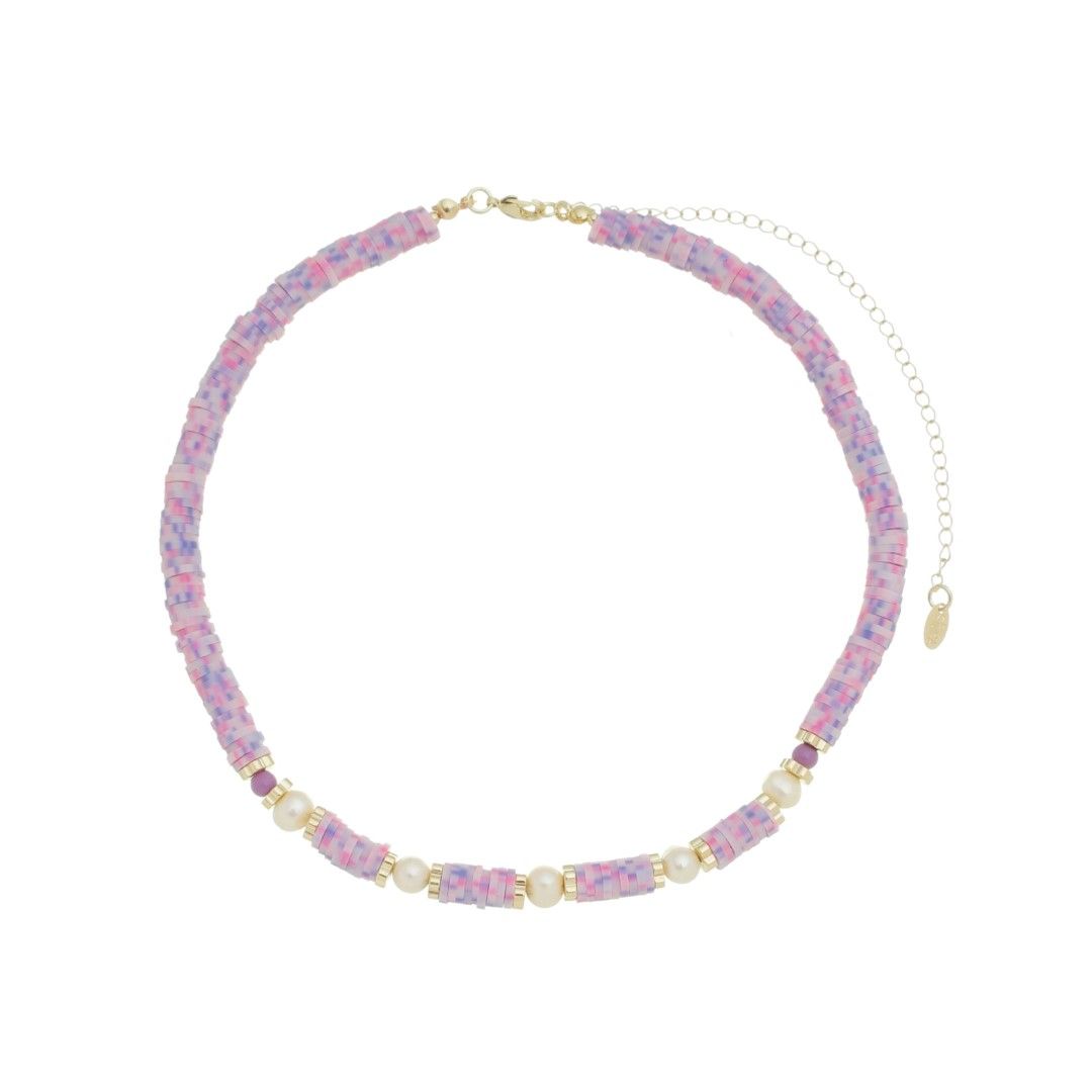 Choker Virgínia Fimos Lilás Pérolas de Água Doce Murano