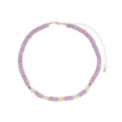 Choker Virgínia Fimos Lilás Pérolas de Água Doce Murano