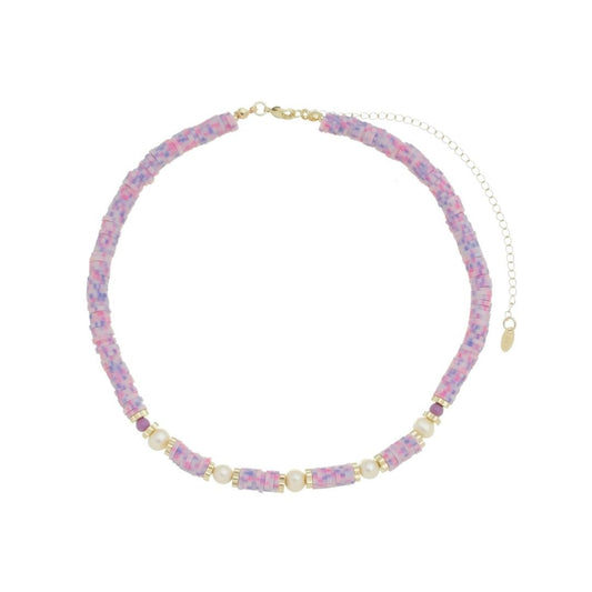 Choker Virgínia Fimos Lilás Pérolas de Água Doce Murano