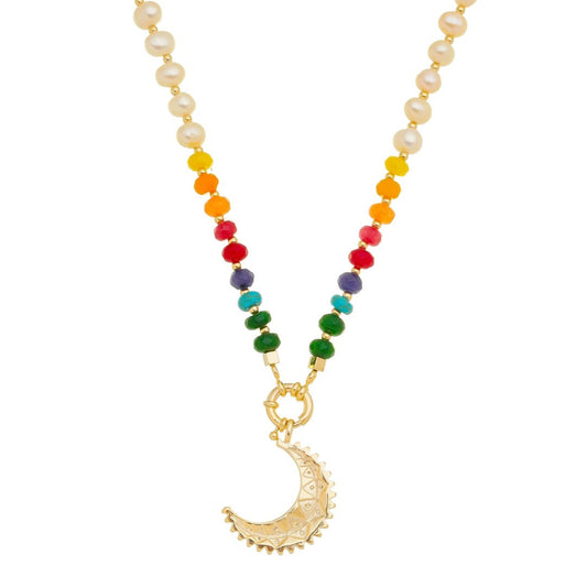 Colar Mia Lua Pérolas de Água Doce Pedras Naturais Multicoloridas Folheado a Ouro 18k