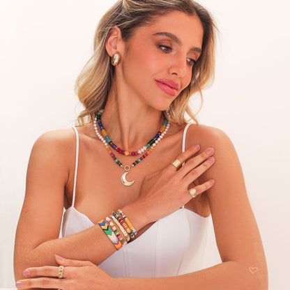 Colar Mia Lua Pérolas de Água Doce Pedras Naturais Multicoloridas Folheado a Ouro 18k