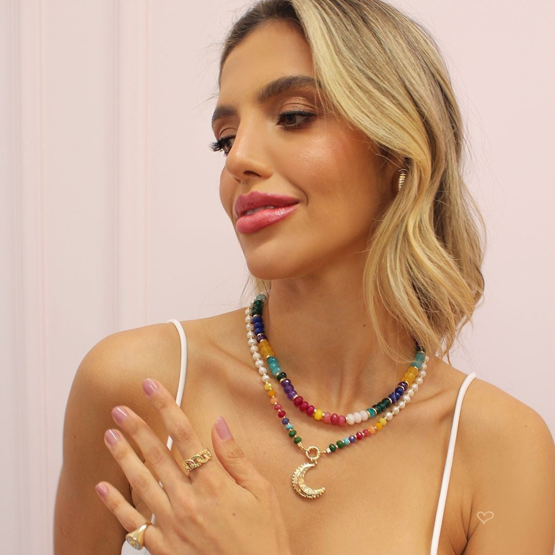 Colar Mia Lua Pérolas de Água Doce Pedras Naturais Multicoloridas Folheado a Ouro 18k