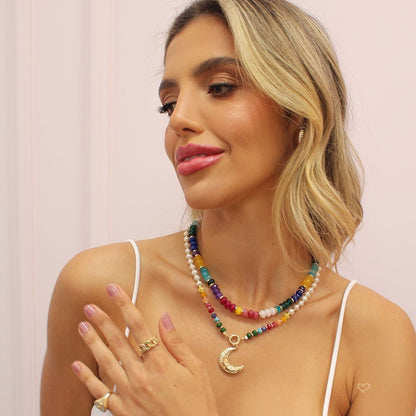 Colar Mia Lua Pérolas de Água Doce Pedras Naturais Multicoloridas Folheado a Ouro 18k