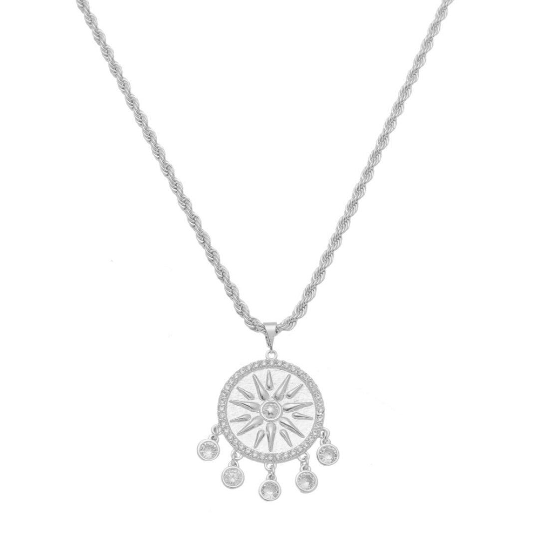 Colar Feminino Medalha Sol Seja Luz Zircônias Folheado em Ródio Branco