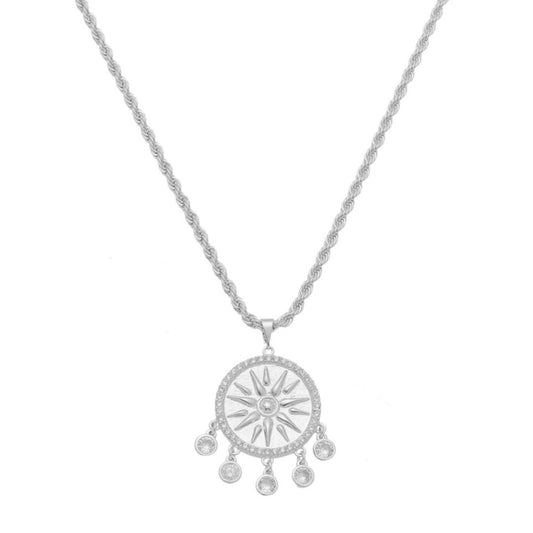 Colar Feminino Medalha Sol Seja Luz Zircônias Folheado em Ródio Branco