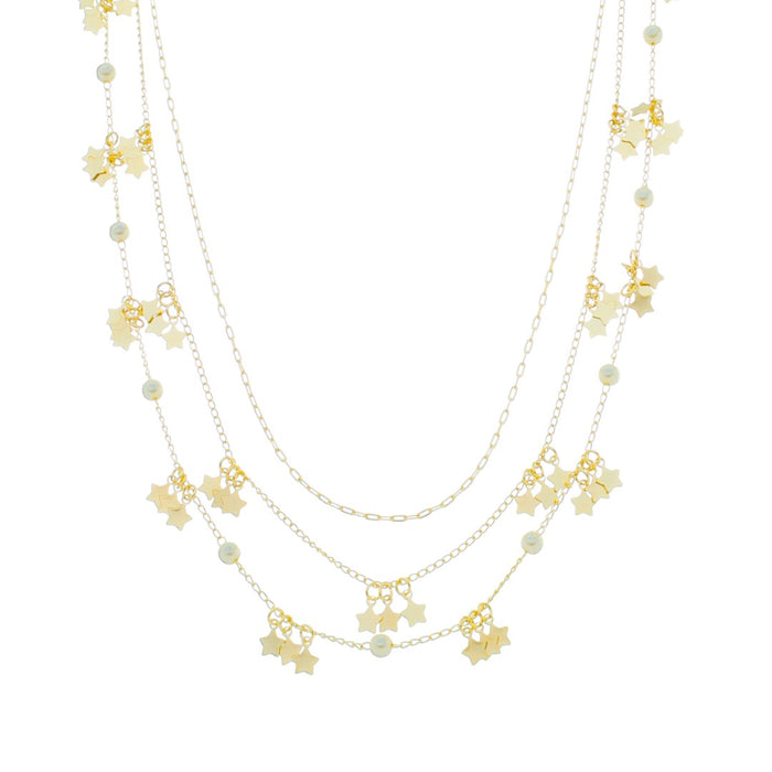 Colar 3 Voltas Lika Mini Estrelas e Pérolas Folheado a Ouro 18k