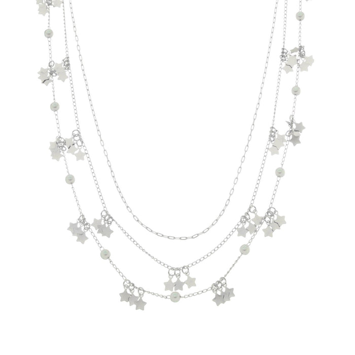 Colar 3 Voltas Lika Mini Estrelas e Pérolas Folheado em Ródio Branco