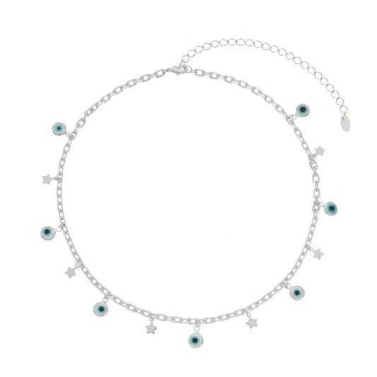 Choker Lara Olho Grego e Mini Estrelas Folheada em Ródio Branco