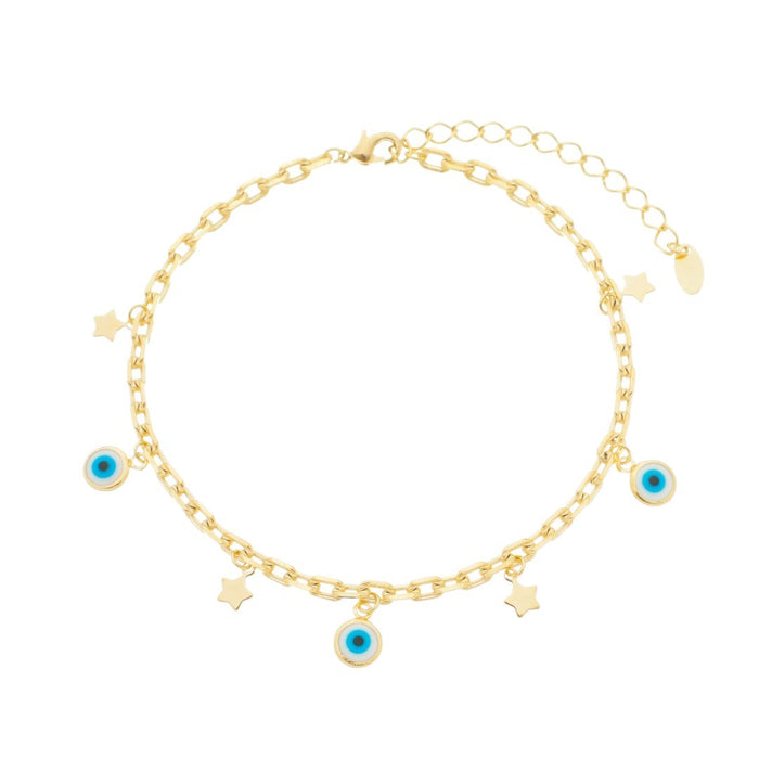 Tornozeleira Lara Olho Grego e Mini Estrelas Folheada a Ouro 18k