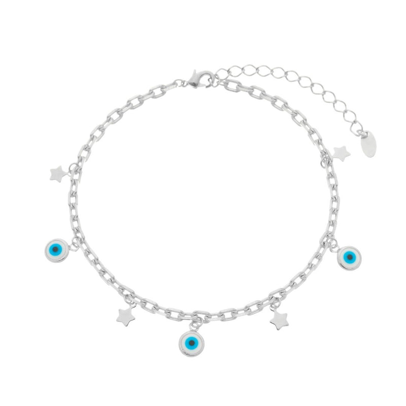 Tornozeleira Lara Olho Grego e Mini Estrelas Folheada em Ródio Branco