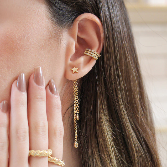 Brinco Lila Estrela Fio Zircônia Folheado a Ouro 18k