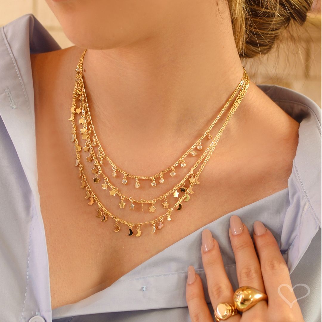 Colar 3 Voltas Estrela e Lua Carina Zircônias Folheado a Ouro 18k