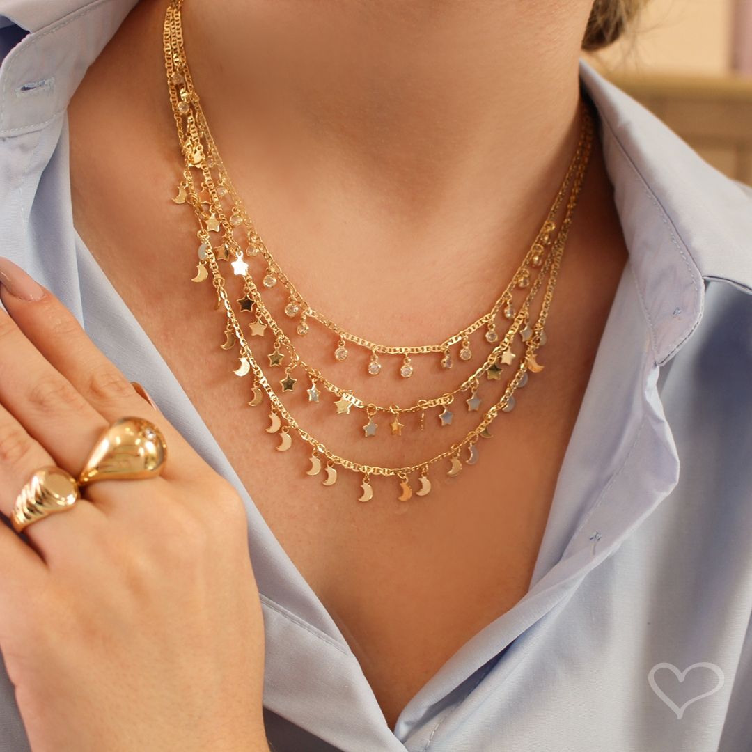 Colar 3 Voltas Estrela e Lua Carina Zircônias Folheado a Ouro 18k