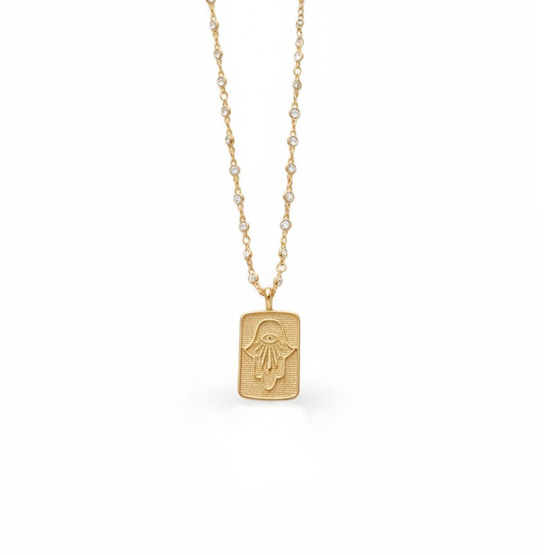 Colar Vintage Placa Mão de Hamsa Zircônias Folheado a Ouro 18k