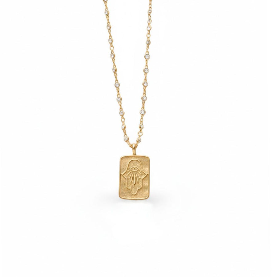 Colar Vintage Placa Mão de Hamsa Zircônias Folheado a Ouro 18k