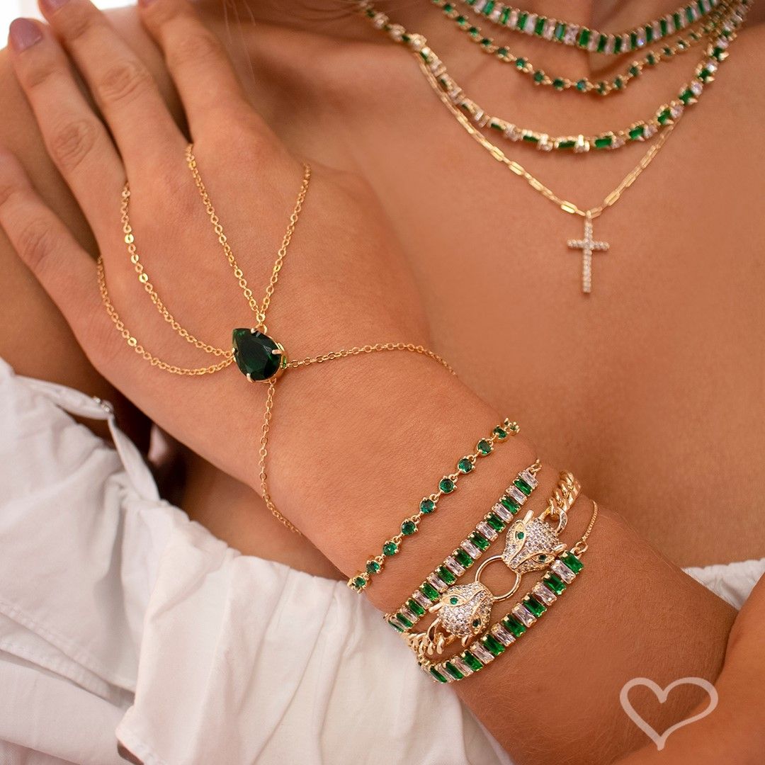 Pulseira de Mão Katerine Gota Esmeralda Folheada a Ouro 18k