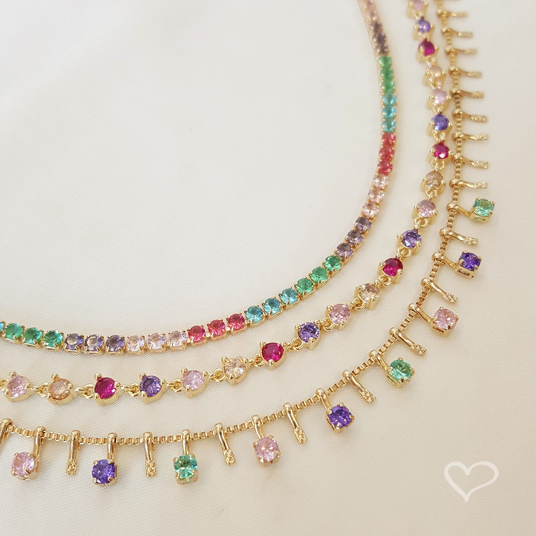 Colar Riviera Hillary Zircônias Coloridas Folheado a Ouro 18k