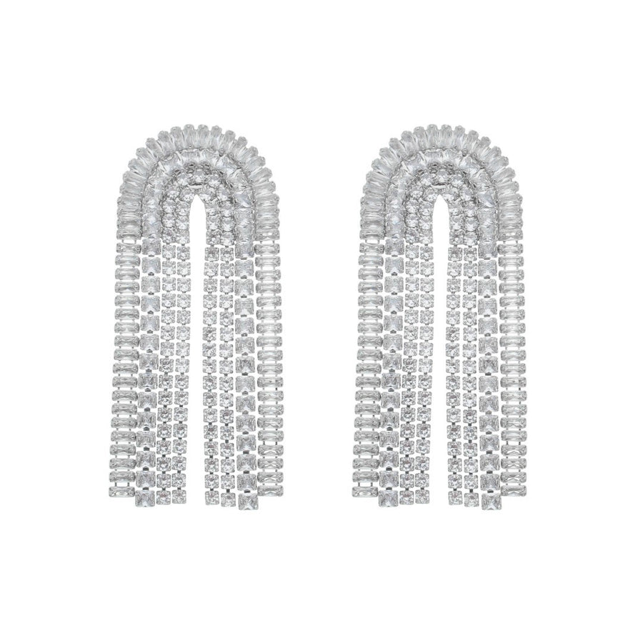 Brinco Scarlet Semi Oval Franjas Zircônias Folheado em Ródio Branco