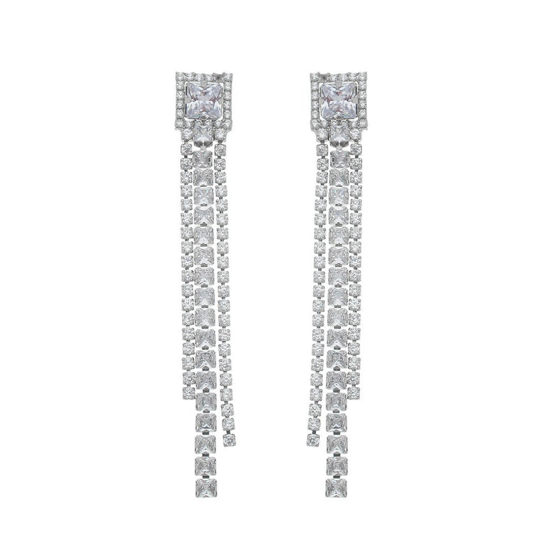 Brinco de Franjas Whitney Zircônias Folheado em Ródio Branco