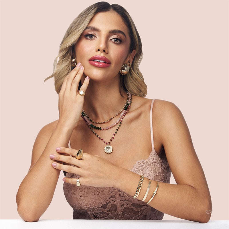 Colar Olívia Pedras Naturais Quartzo Rosa e Jade
