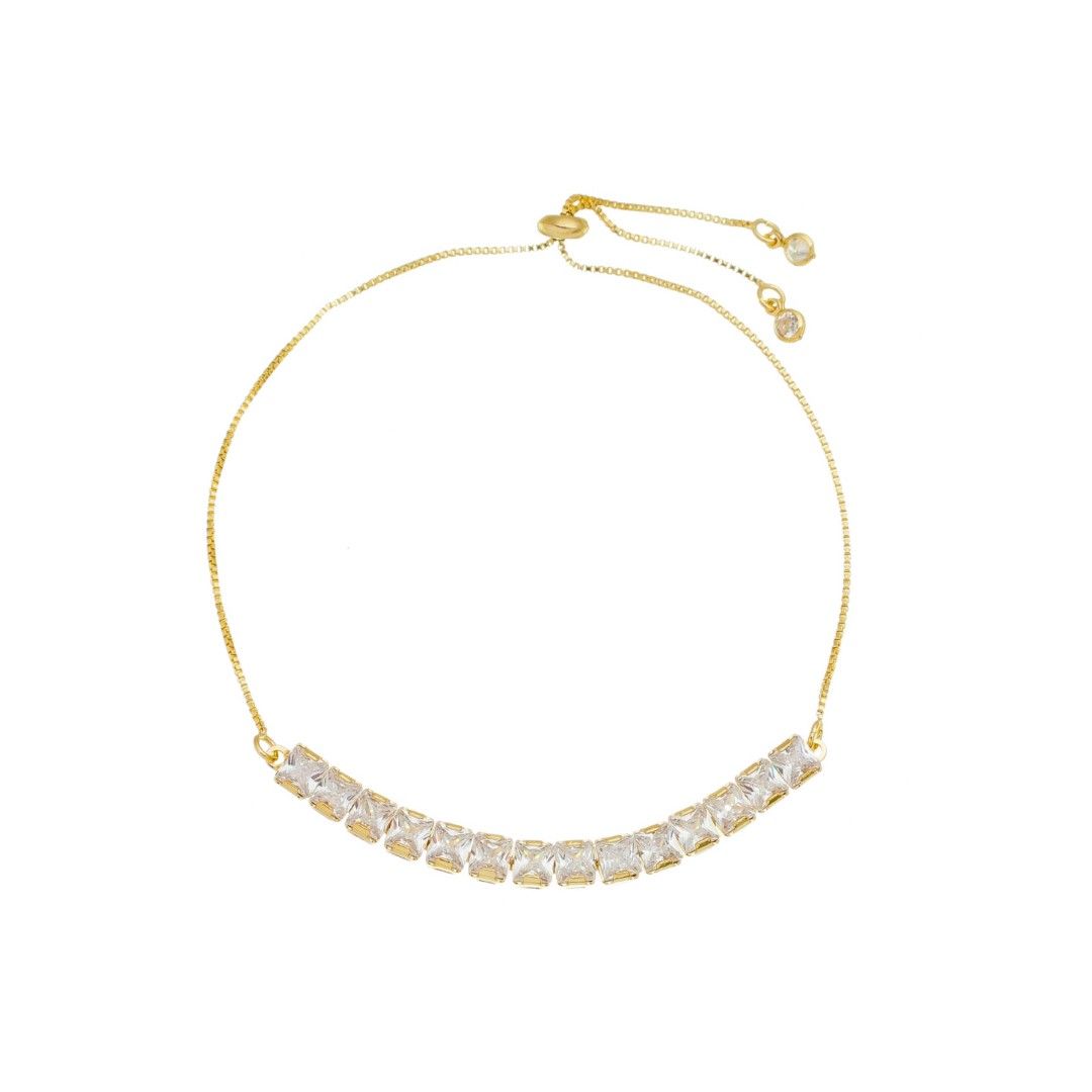 Pulseira Riveira Núbia Ajustável Zircônias Quadradas Folheada a Ouro 18k