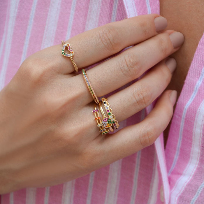 Anel Megan Quadrado Zircônias Coloridas Folheado a Ouro 18k